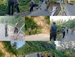 Sambut Hut Bhayangkara ke 78 Polisional dan Muspikacam Muara Sipongi Gerak Cepat Pasang Police Line di Jalan Yang Amblas